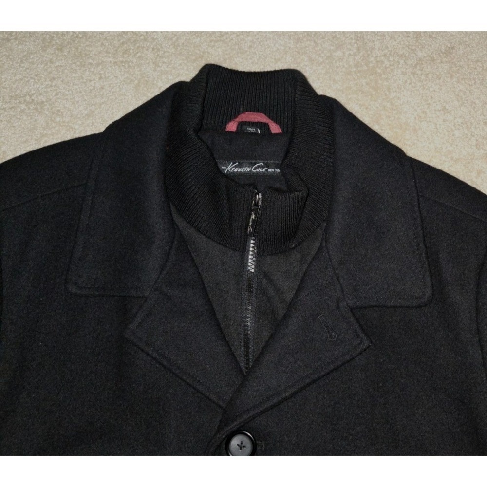 Kenneth Cole NY Single Breasted Wool Peacoat Mens 42L Black with Zippered Liner